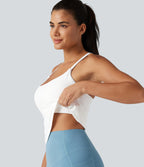 Scoop Neck Crisscross Back Crossover Hem Built-in Bra Yoga Cami Top DD-F Cups-Longer Length — White — view 1