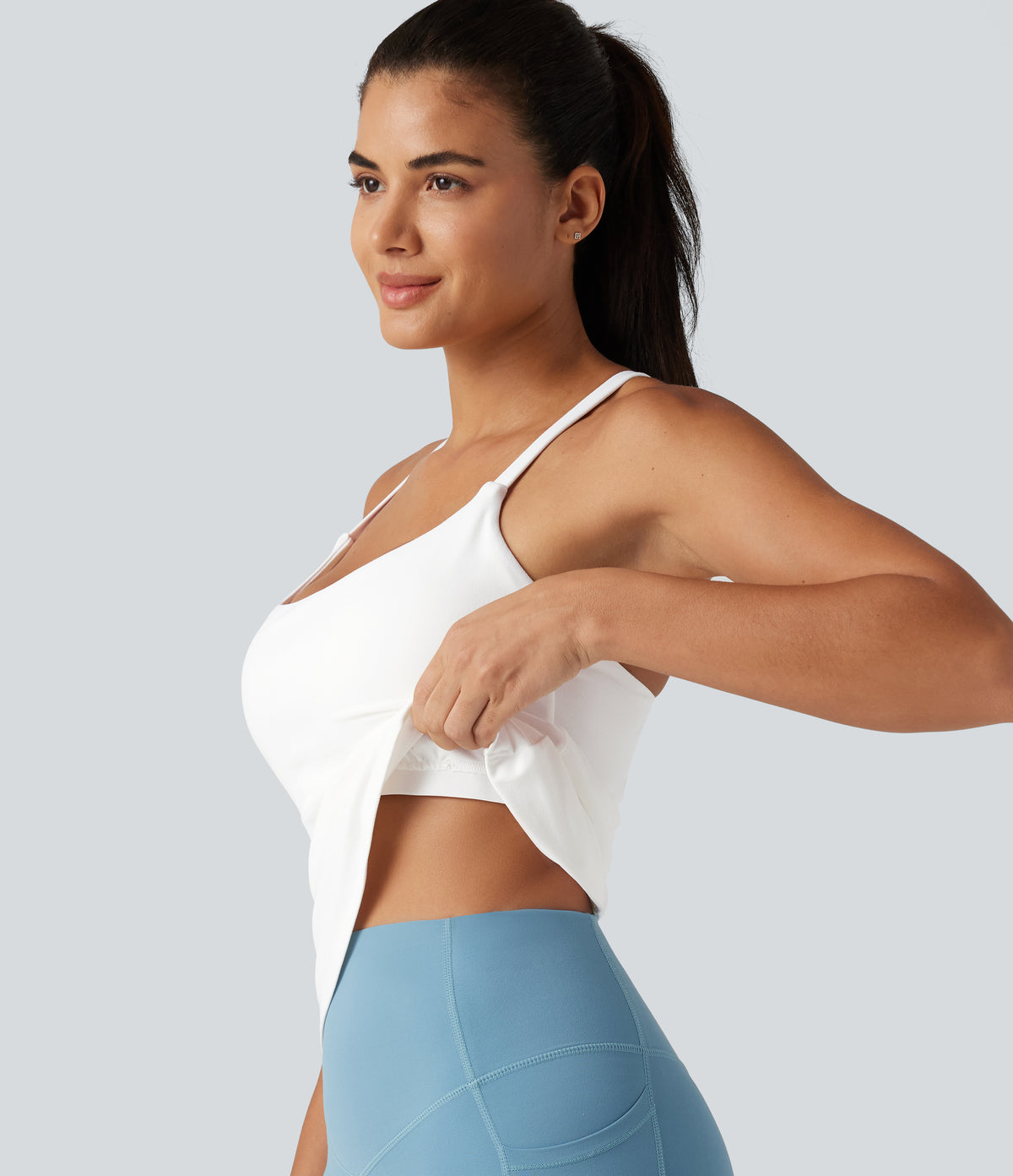 Scoop Neck Crisscross Back Crossover Hem Built-in Bra Yoga Cami Top DD-F Cups-Longer Length — White — view 1