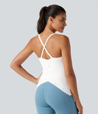 Scoop Neck Crisscross Back Crossover Hem Built-in Bra Yoga Cami Top DD-F Cups-Longer Length — White — view 2