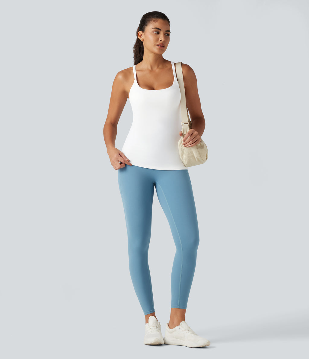 Scoop Neck Crisscross Back Crossover Hem Built-in Bra Yoga Cami Top DD-F Cups-Longer Length — White — view 8