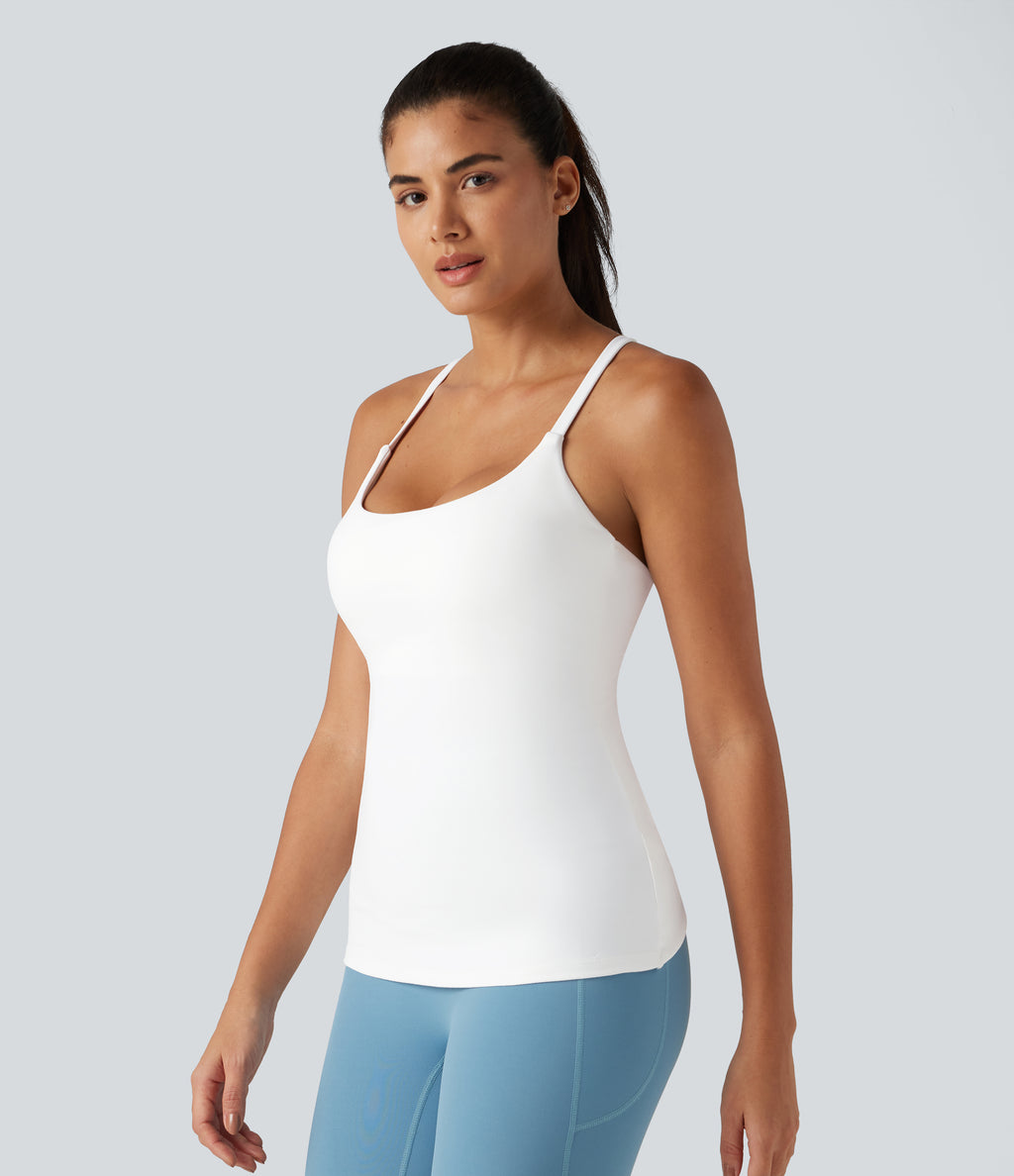 Scoop Neck Crisscross Back Crossover Hem Built-in Bra Yoga Cami Top DD-F Cups-Longer Length — White — view 4