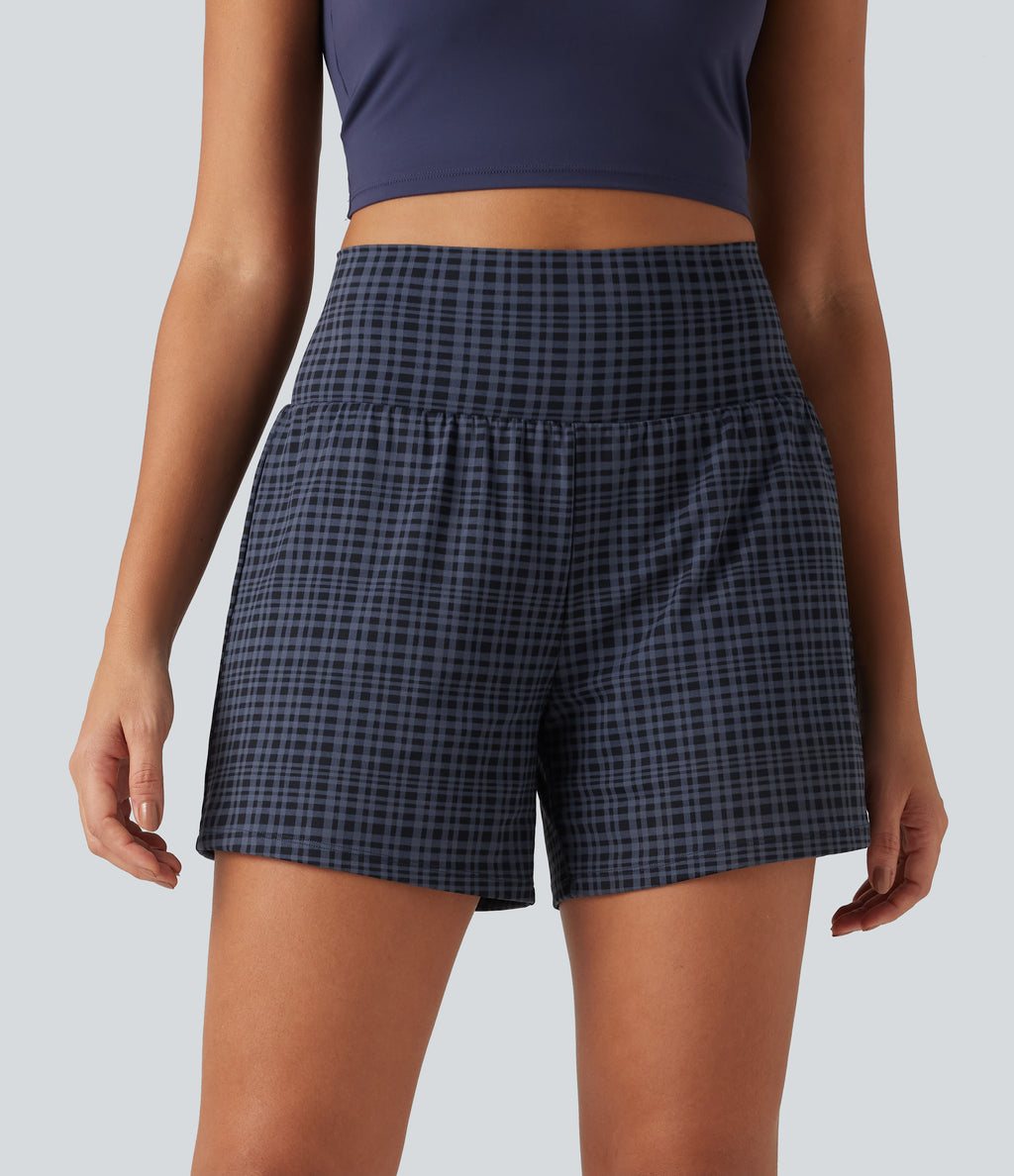 High Waisted 2-in-1 Plaid Yoga Shorts 5'' with Pockets — Iris Smoke Check — view 7