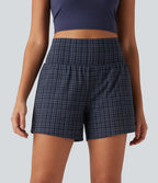 High Waisted 2-in-1 Plaid Yoga Shorts 5'' with Pockets — Iris Smoke Check — view 7