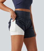 High Waisted 2-in-1 Plaid Yoga Shorts 5'' with Pockets — Iris Smoke Check — view 6