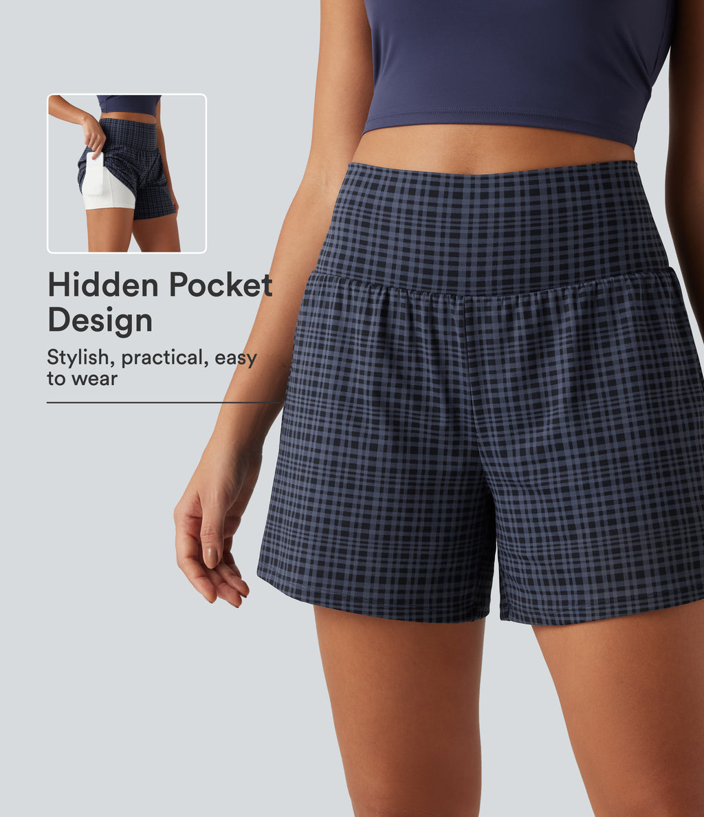 High Waisted 2-in-1 Plaid Yoga Shorts 5'' with Pockets — Iris Smoke Check — view 1
