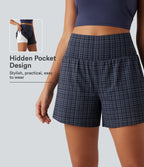 High Waisted 2-in-1 Plaid Yoga Shorts 5'' with Pockets — Iris Smoke Check — view 1