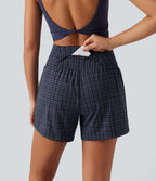 High Waisted 2-in-1 Plaid Yoga Shorts 5'' with Pockets — Iris Smoke Check — view 4