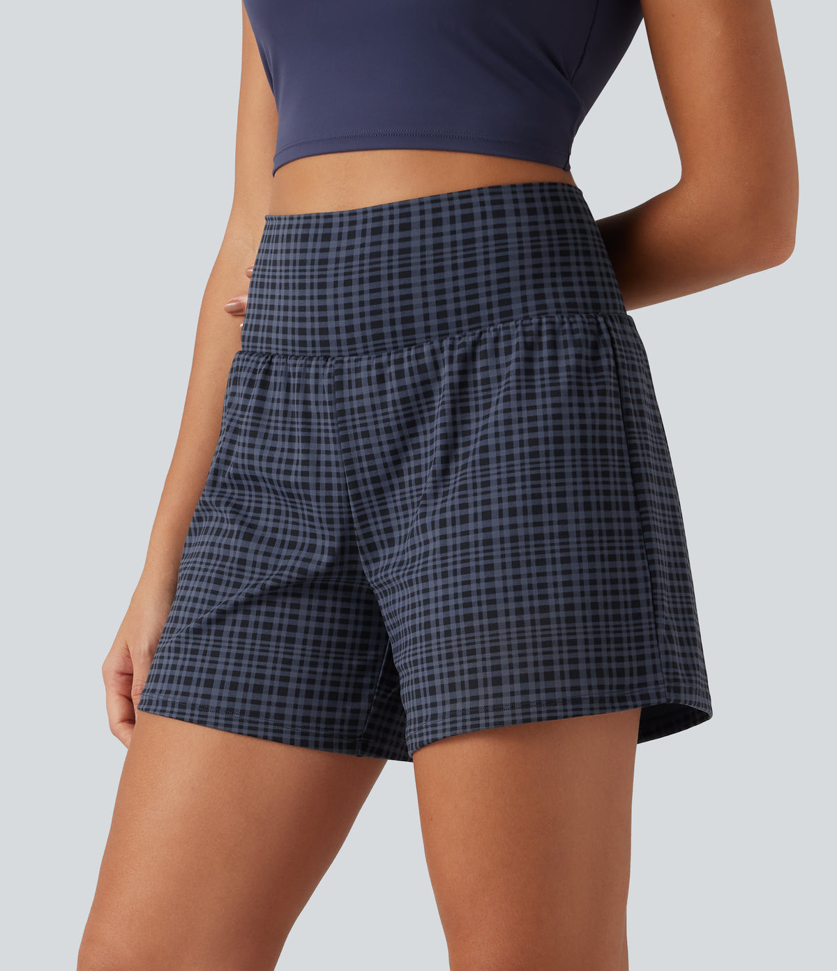High Waisted 2-in-1 Plaid Yoga Shorts 5'' with Pockets — Iris Smoke Check — view 3