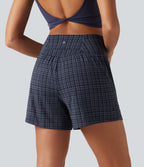 High Waisted 2-in-1 Plaid Yoga Shorts 5'' with Pockets — Iris Smoke Check — view 2