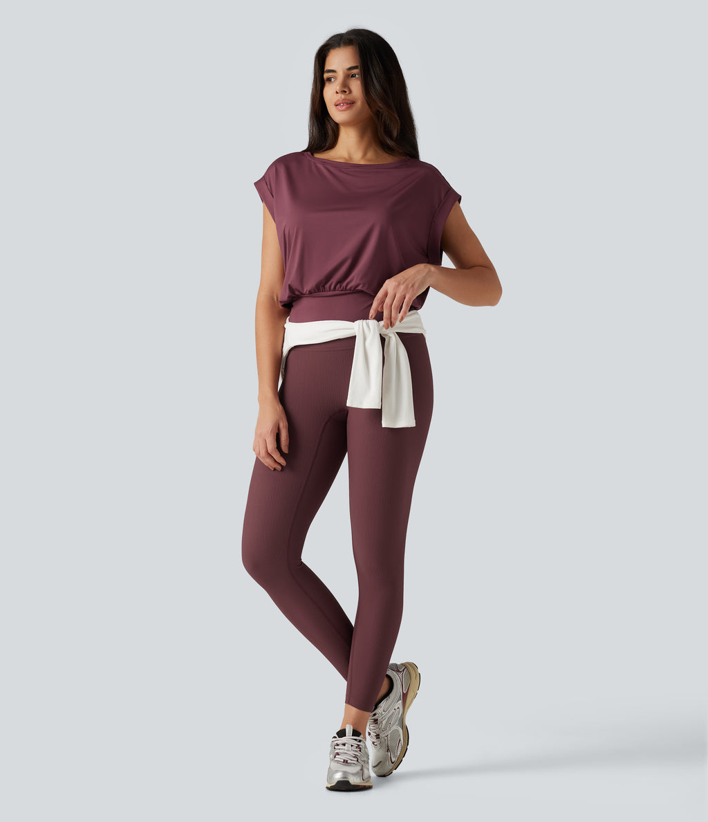 Boat Neck Ruched Short Sleeve Yoga Sports Top — Tawny Port — view 7