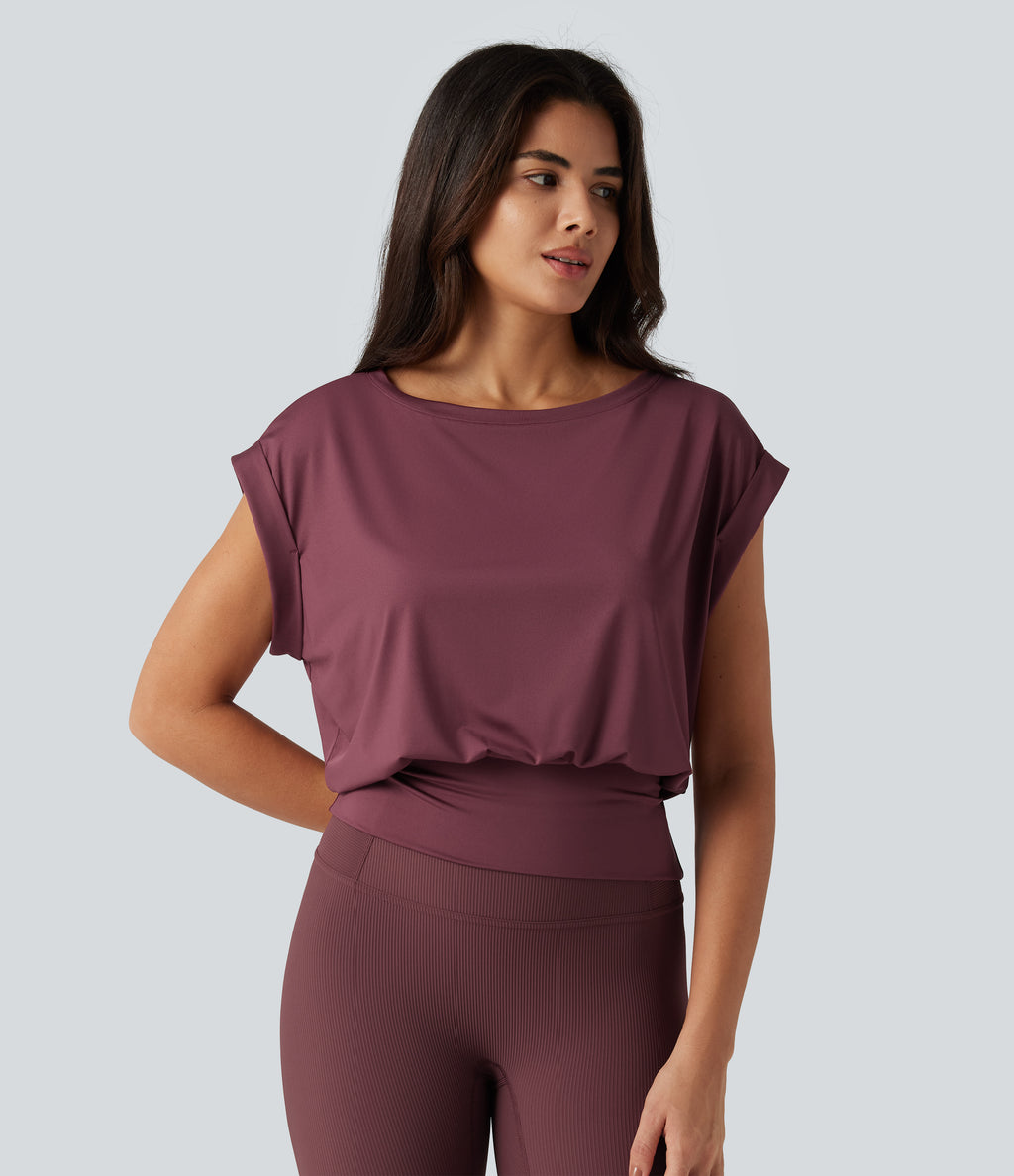 Boat Neck Ruched Short Sleeve Yoga Sports Top — Tawny Port — view 4