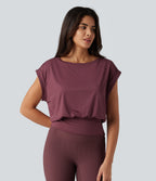 Boat Neck Ruched Short Sleeve Yoga Sports Top — Tawny Port — view 4
