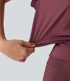 Boat Neck Ruched Short Sleeve Yoga Sports Top — Tawny Port — view 6
