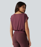 Boat Neck Ruched Short Sleeve Yoga Sports Top — Tawny Port — view 1