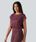Boat Neck Ruched Short Sleeve Yoga Sports Top — Tawny Port — view 3