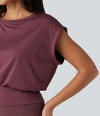 Boat Neck Ruched Short Sleeve Yoga Sports Top — Tawny Port — view 5