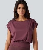 Boat Neck Ruched Short Sleeve Yoga Sports Top — Tawny Port — view 2