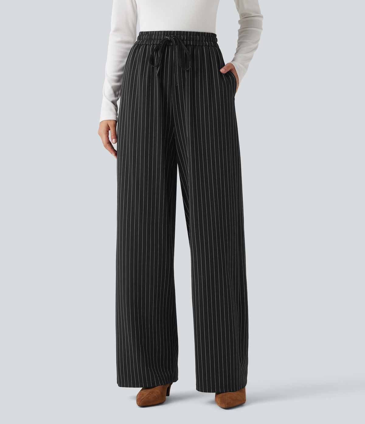 High Waisted Drawstring Stripe Baggy Casual Trousers with Pockets — Black White Pinstripe — view 2
