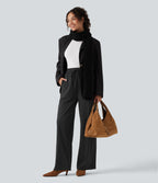 High Waisted Drawstring Stripe Baggy Casual Trousers with Pockets — Black White Pinstripe — view 6