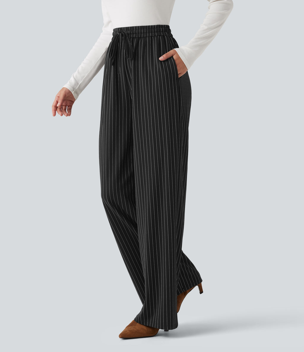 High Waisted Drawstring Stripe Baggy Casual Trousers with Pockets — Black White Pinstripe — view 1