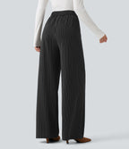High Waisted Drawstring Stripe Baggy Casual Trousers with Pockets — Black White Pinstripe — view 3
