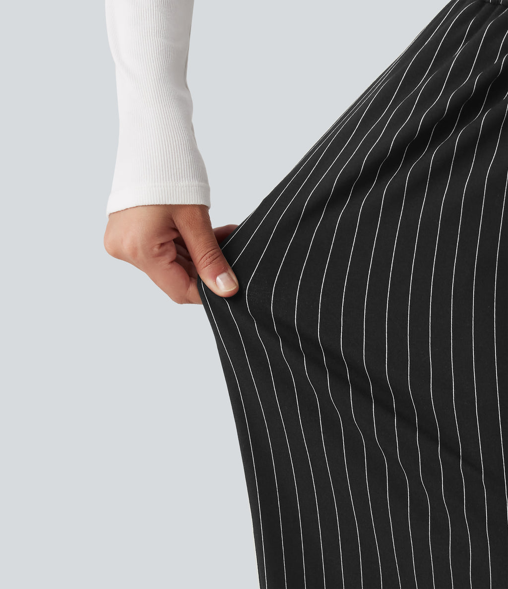 High Waisted Drawstring Stripe Baggy Casual Trousers with Pockets — Black White Pinstripe — view 5