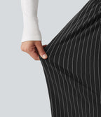 High Waisted Drawstring Stripe Baggy Casual Trousers with Pockets — Black White Pinstripe — view 5