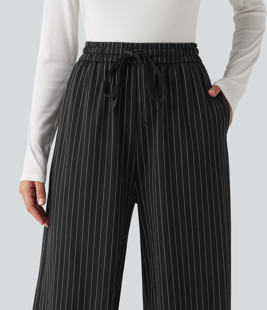 High Waisted Drawstring Stripe Baggy Casual Trousers with Pockets — Black White Pinstripe — view 4