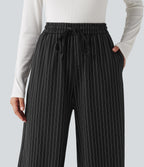 High Waisted Drawstring Stripe Baggy Casual Trousers with Pockets — Black White Pinstripe — view 4