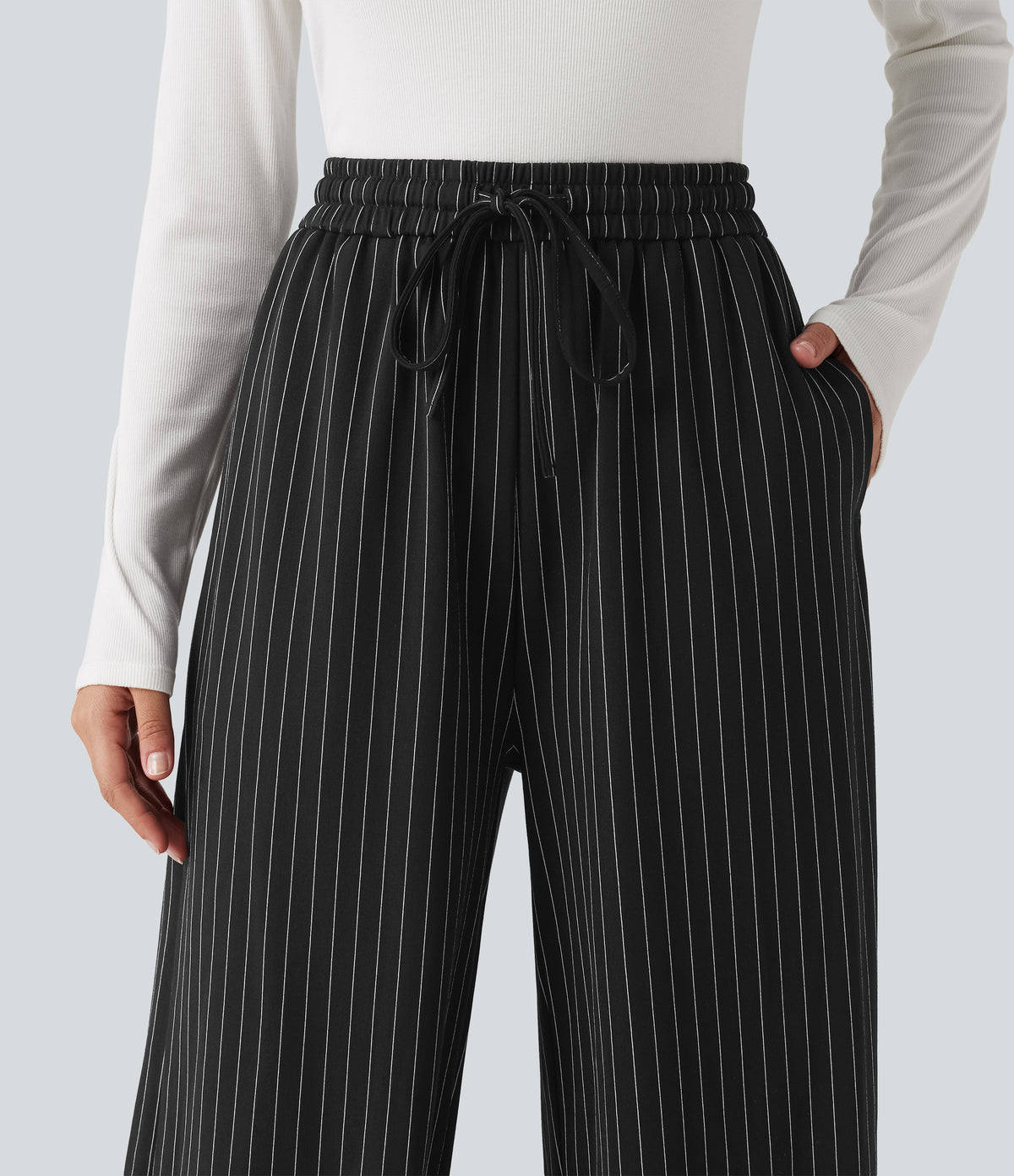 High Waisted Drawstring Stripe Baggy Casual Trousers with Pockets — Black White Pinstripe — view 4