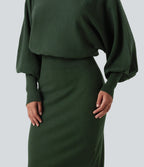 Boat Neck Puff Long Sleeve Work Jumper Dress — Mountain View — view 4