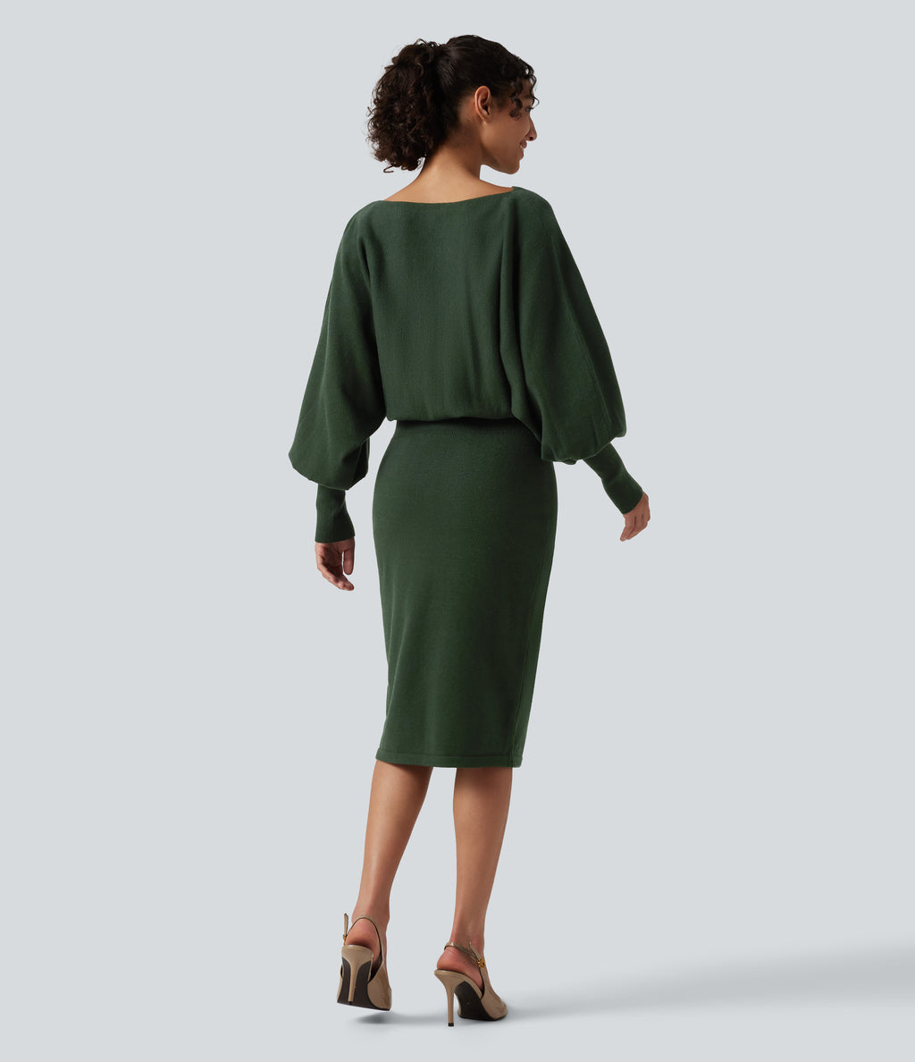 Boat Neck Puff Long Sleeve Work Jumper Dress — Mountain View — view 2
