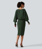 Boat Neck Puff Long Sleeve Work Jumper Dress — Mountain View — view 2