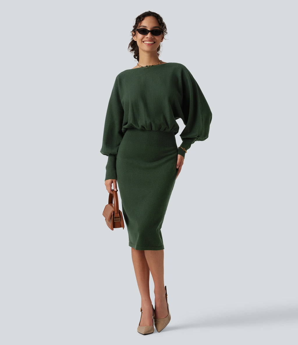 Boat Neck Puff Long Sleeve Work Jumper Dress — Mountain View — view 7