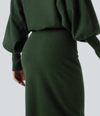 Boat Neck Puff Long Sleeve Work Jumper Dress — Mountain View — view 5