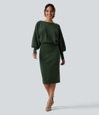 Boat Neck Puff Long Sleeve Work Jumper Dress — Mountain View — view 1