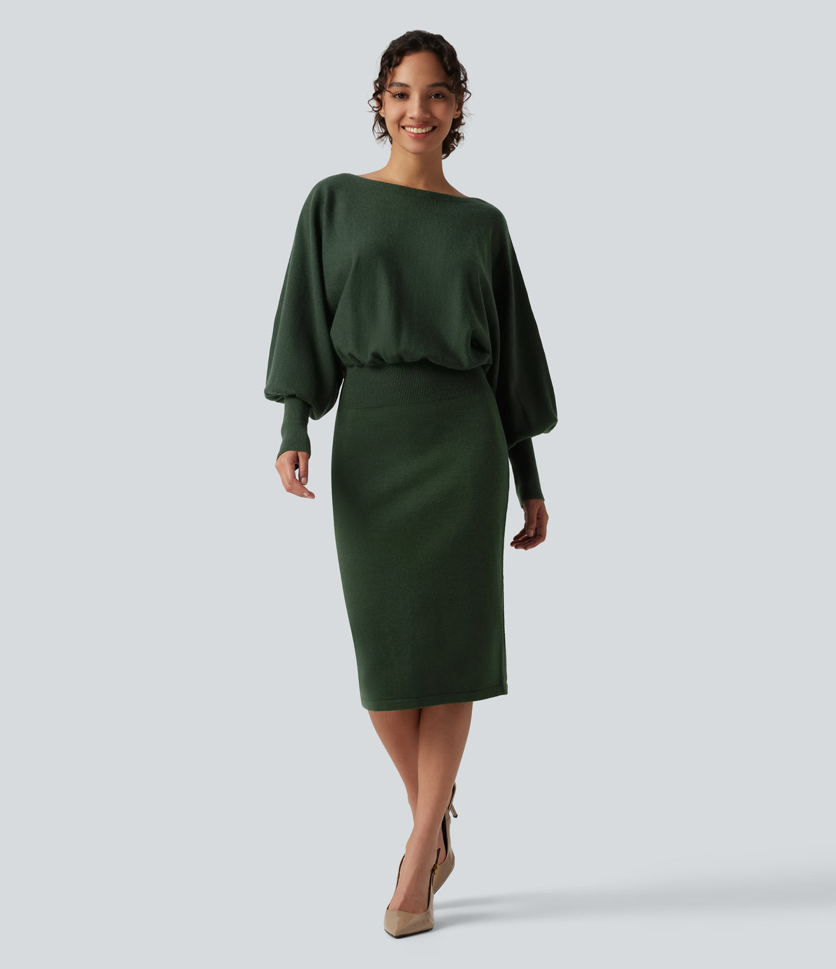 Boat Neck Puff Long Sleeve Work Jumper Dress — Mountain View — view 1