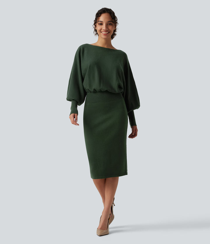 Boat Neck Puff Long Sleeve Work Jumper Dress — Mountain View — view 1