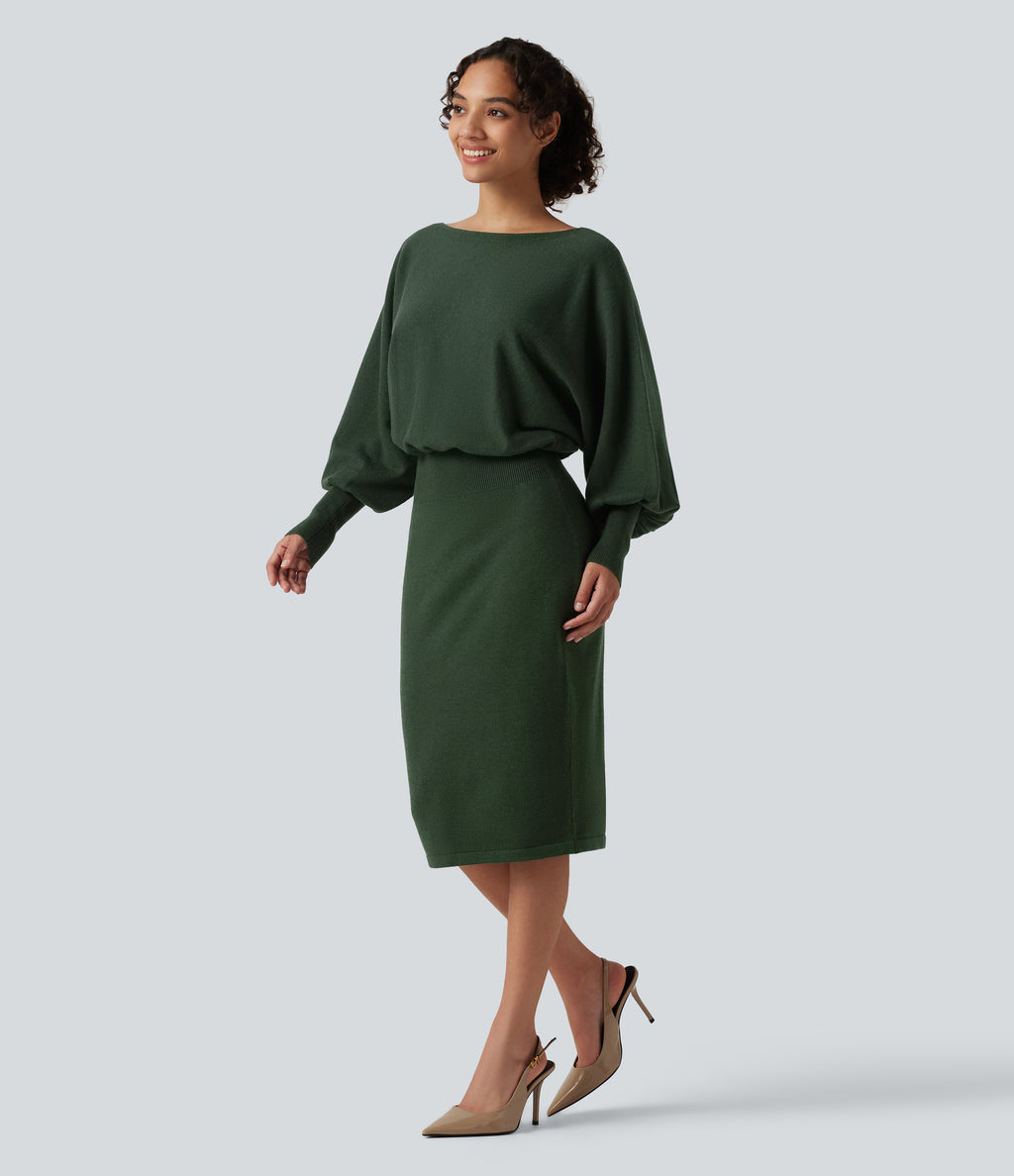 Boat Neck Puff Long Sleeve Work Jumper Dress — Mountain View — view 3