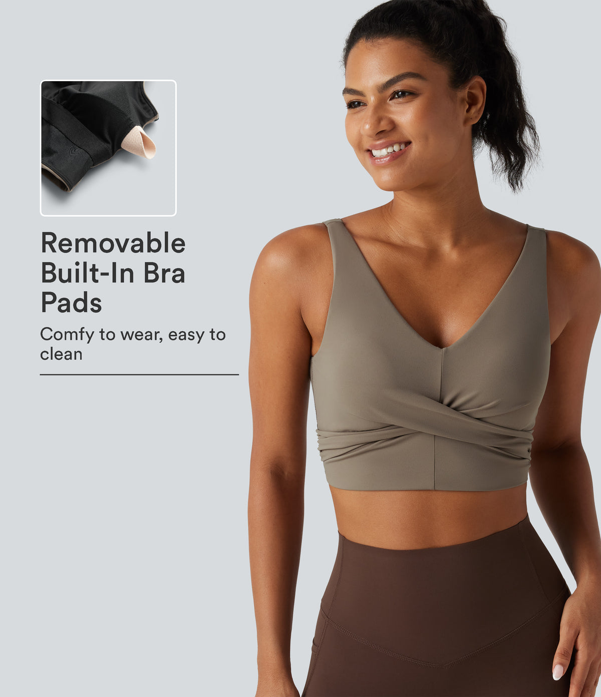 Medium Support Built-in Bra Crossover Running Sports Bra — Dawn Brown — view 1