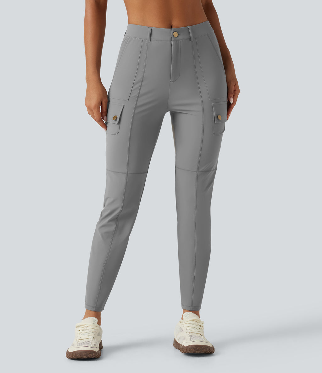 High Waisted Solid InstantCool Skinny Hiking Cargo Trousers with Pockets — Gray Flannel — view 3