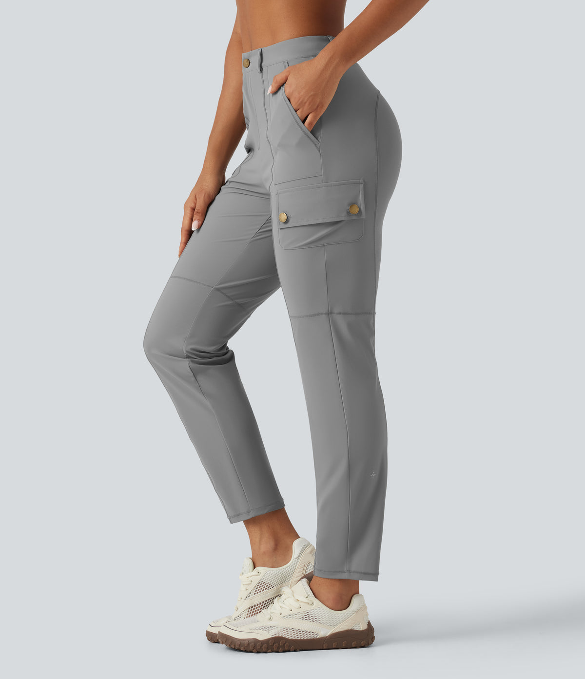 High Waisted Solid InstantCool Skinny Hiking Cargo Trousers with Pockets — Gray Flannel — view 1