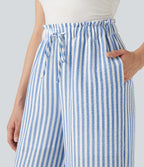 High Waisted Drawstring Wide Leg Stripe 2-in-1 Casual Linen-Feel Trousers with Pockets — Mediterranean Blue — view 4