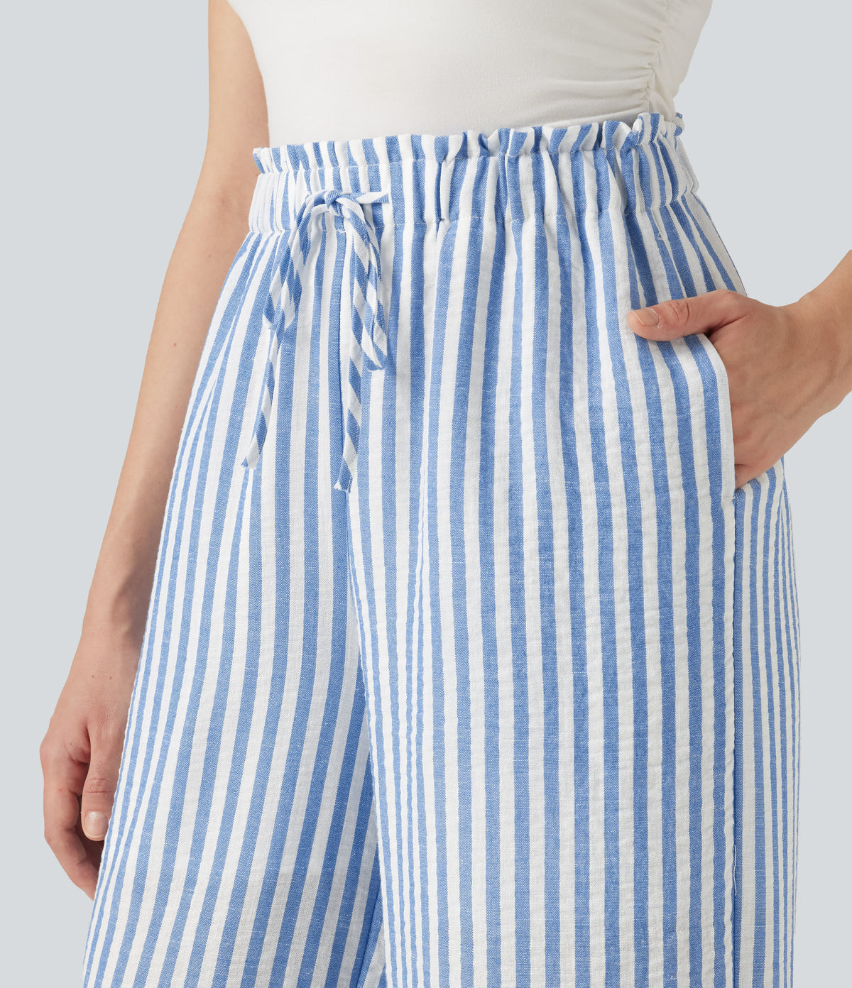 High Waisted Drawstring Wide Leg Stripe 2-in-1 Casual Linen-Feel Trousers with Pockets — Mediterranean Blue — view 4
