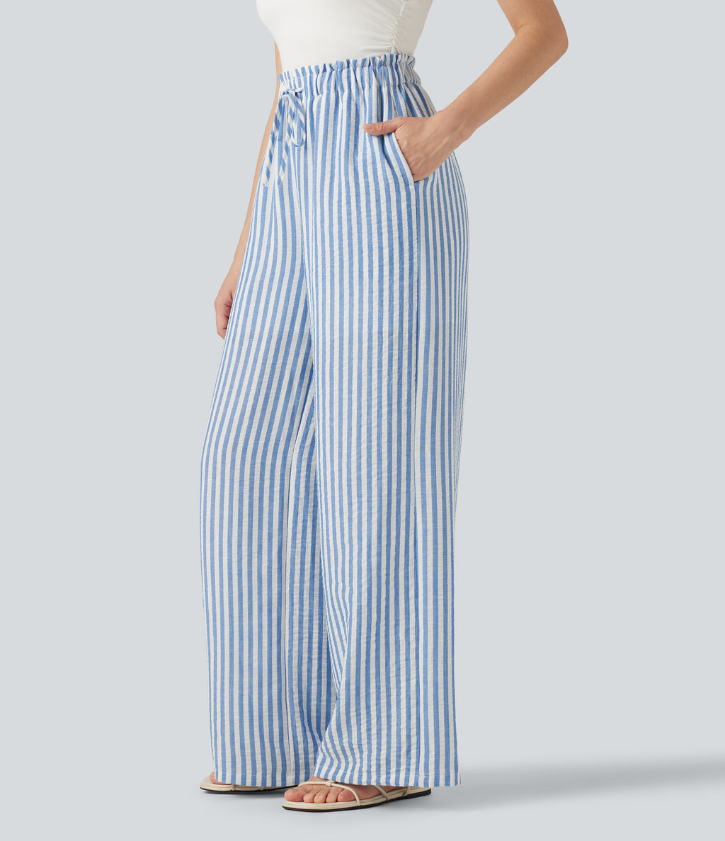 High Waisted Drawstring Wide Leg Stripe 2-in-1 Casual Linen-Feel Trousers with Pockets — Mediterranean Blue — view 3