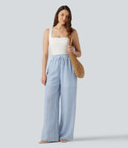 High Waisted Drawstring Wide Leg Stripe 2-in-1 Casual Linen-Feel Trousers with Pockets — Mediterranean Blue — view 6