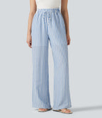 High Waisted Drawstring Wide Leg Stripe 2-in-1 Casual Linen-Feel Trousers with Pockets — Mediterranean Blue — view 1