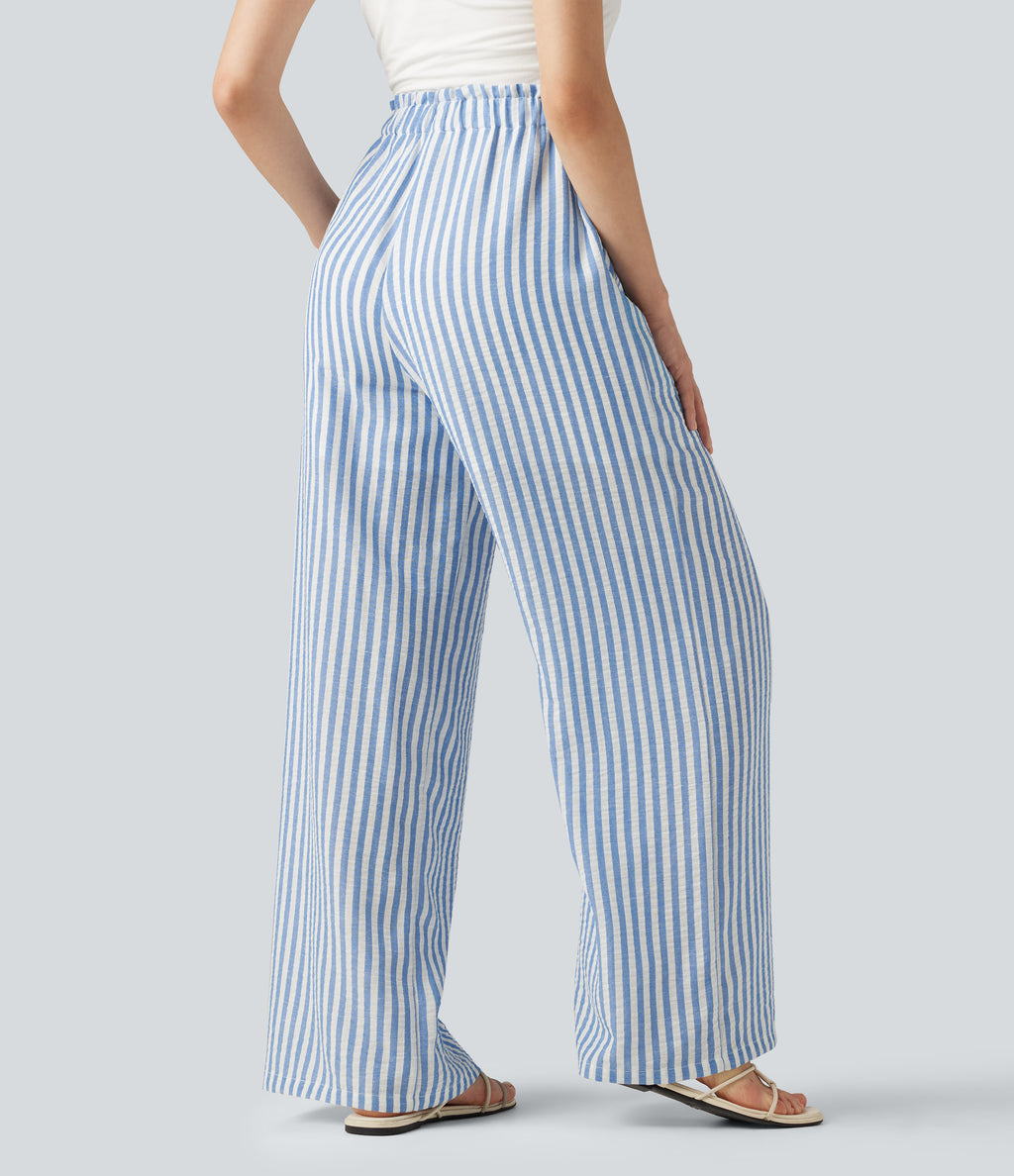 High Waisted Drawstring Wide Leg Stripe 2-in-1 Casual Linen-Feel Trousers with Pockets — Mediterranean Blue — view 2
