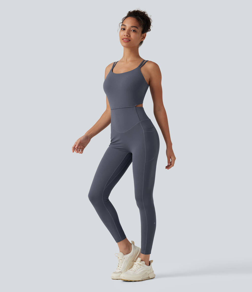 Non-Removable Pad Tummy Control Butt Lifting Ruched Yoga Jumpsuit with Pockets-Edition — Silent Blue — view 3