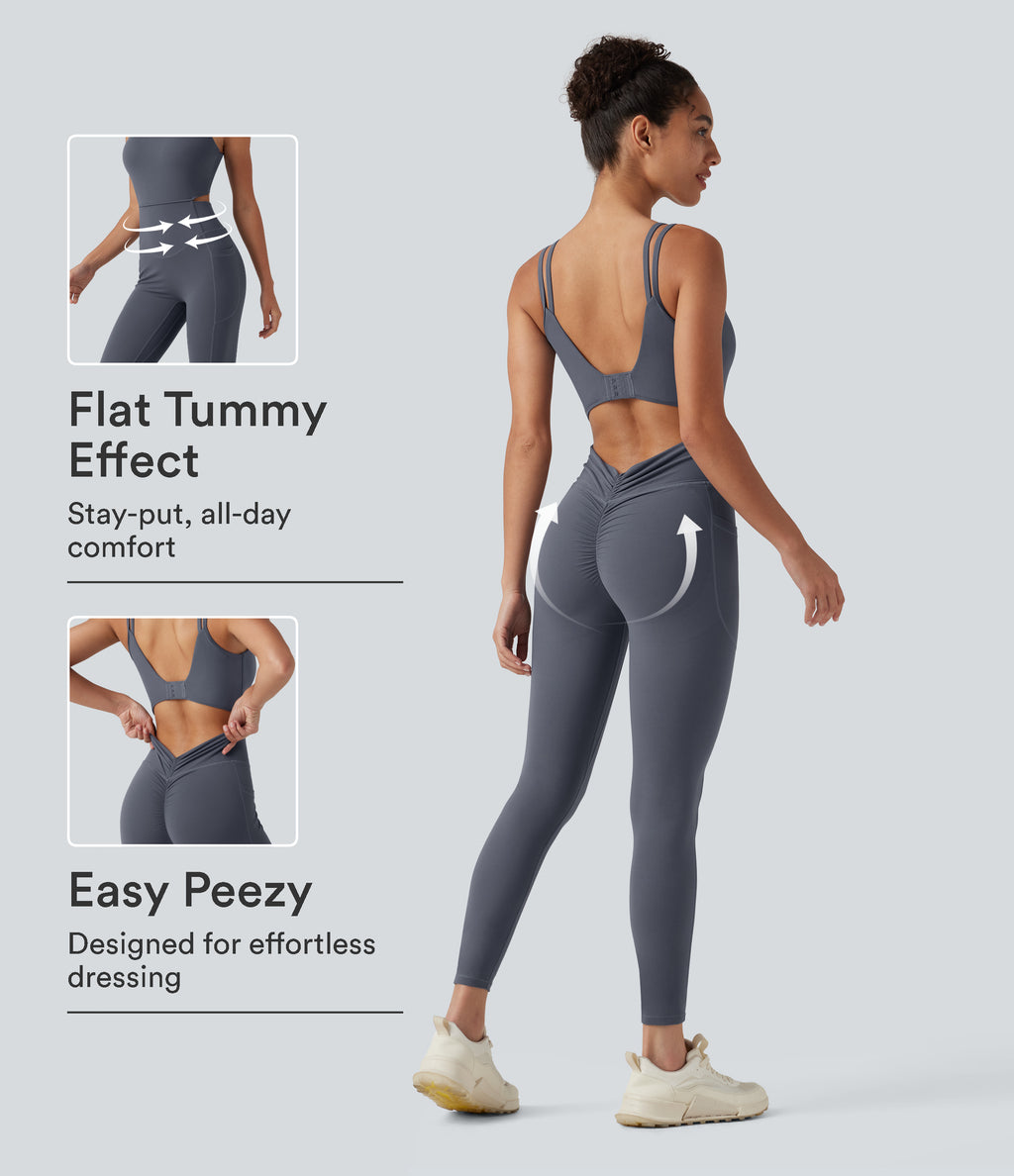 Non-Removable Pad Tummy Control Butt Lifting Ruched Yoga Jumpsuit with Pockets-Edition — Silent Blue — view 1